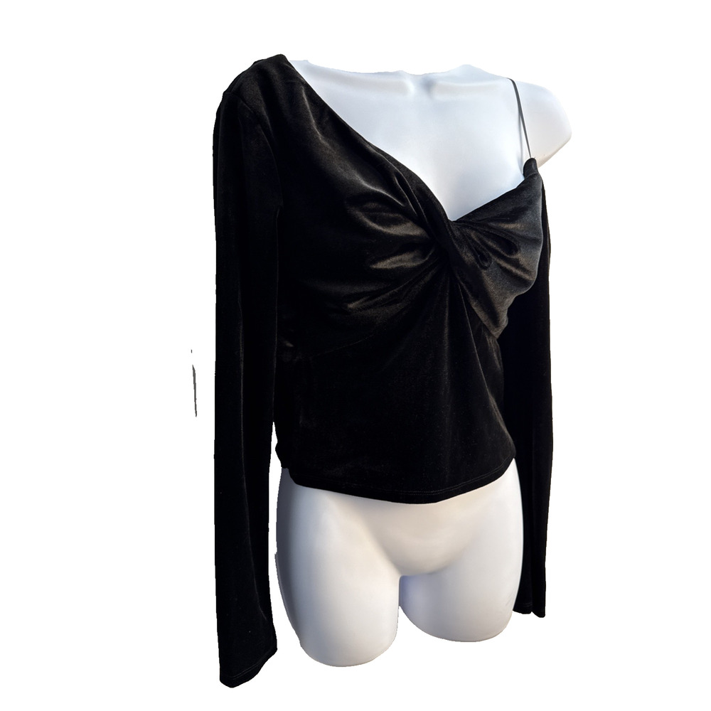 Elodie‎ Womens Large Black Velvet Asymmetrical Twist Long Sleeve Top NWT - Picture 2 of 7